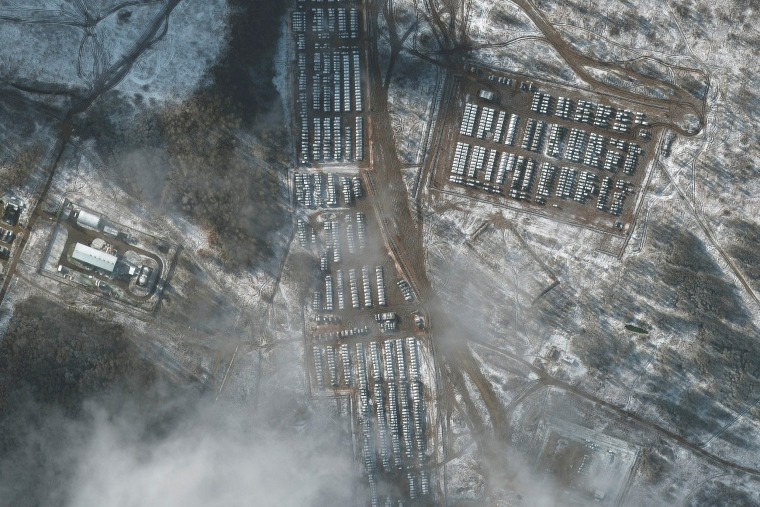 A satellite image shows an overview of Russian ground forces equipment, in Yelnya