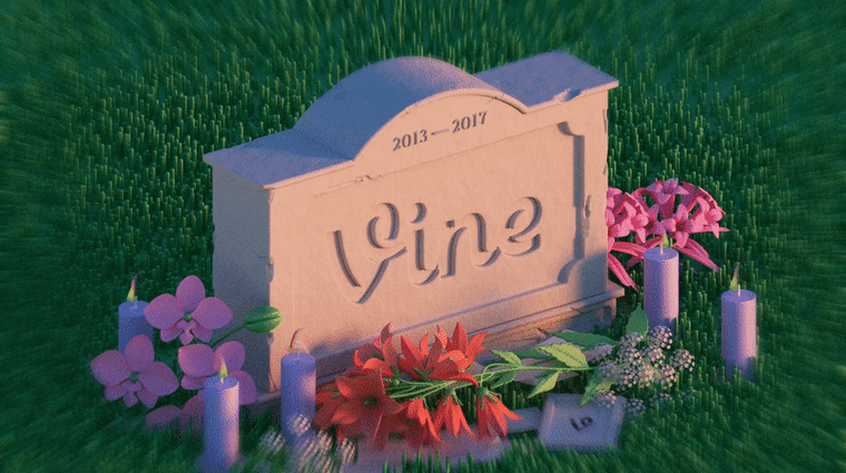 Illustration of a headstone reading "Vine, 2013 - 2017" with flowers and candles.