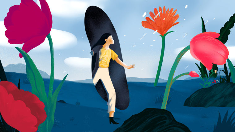 Illustration of an AAPI woman emerging from a dark hole to a landscape filled with flowers; the viewer can see her internal organs through her shirt.