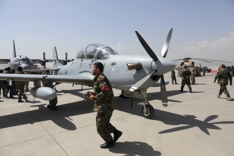 U.S. funded Super Tucano planes sit on display during handover from NATO-led Resolute Support to Afghanistan in Kabul.