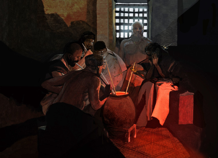 An artist's conception shows men drinking beer from a communal
vessel.