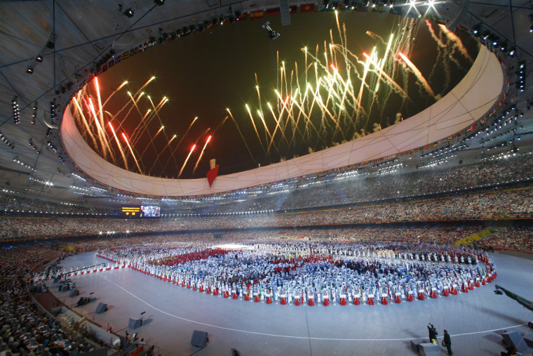 Fireworks explode over the Bird's Nest stadium during the op