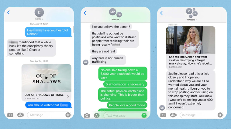Image: Texts Justin exchanged with family and friends about Q-Anon.