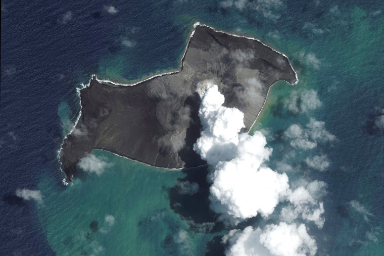 Image: A satellite image shows the Hunga Tonga-Hunga Ha'apai volcano before its main eruption