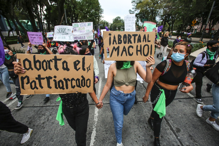 Women march in an abortion-rights demonstration during the Day for Decriminalization of Abortion, in Mexico City on Sept. 28, 2021.