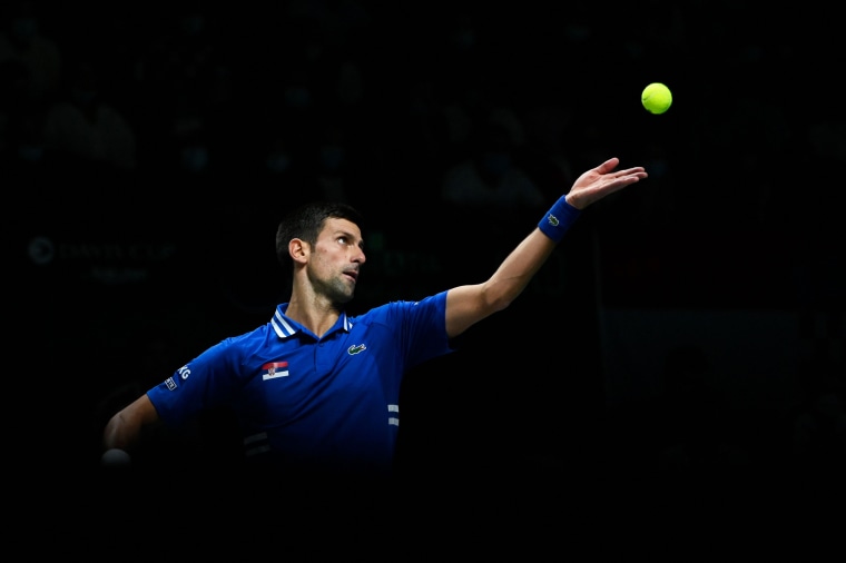 Novak Djokovic serves the ball to Croatia's Marin Cilic during the men's singles semi-final tennis match at the Davis Cup in Madrid on Dec. 3, 2021.