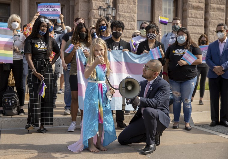 Image: Kai Shappley speaks at a rally against House Bill 25, a bill that would ban transgender girls from participating in girls school sports, at the Capitol in Austin, Texas, on  Oct. 6, 2021.