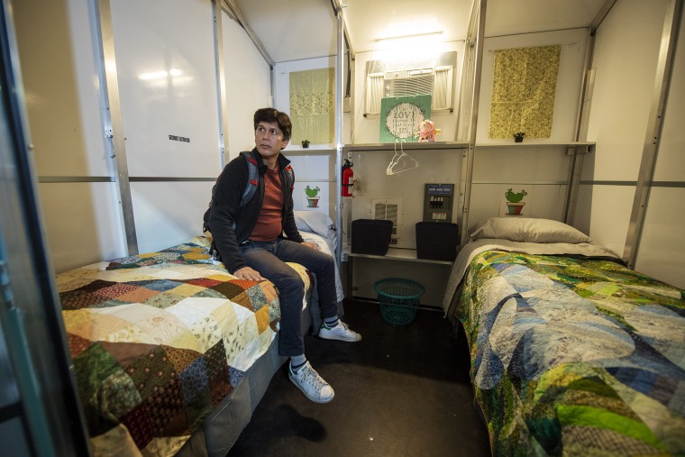 Los Angeles City Council member Kevin de León in a tiny home at the Arroyo Seco Tiny Home Village in Highland Park.