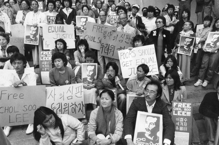 Chol Soo Lee's supporters gather at the Hall of Justice in San Francisco in 1982.