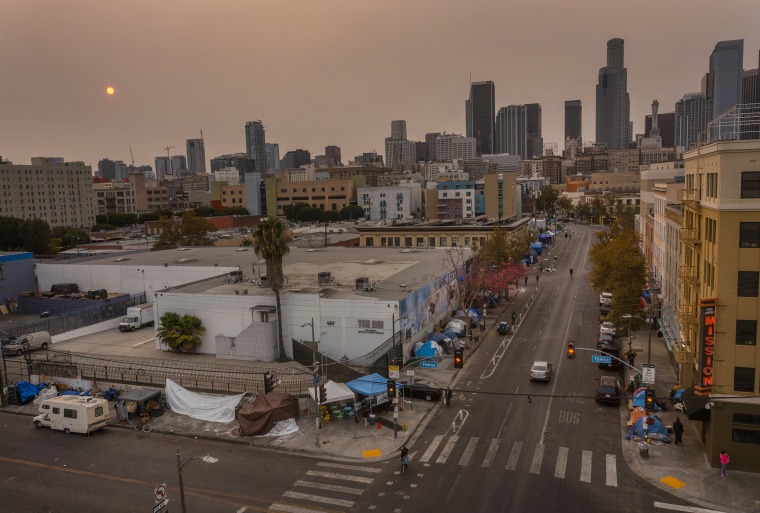 Image: An aerial view of homeless encampments in Skid Row on Sept. 23, 2021 in Los Angeles.