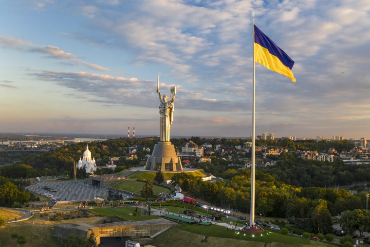 Ukraine's biggest flag flies  above Kyiv on Aug. 22, 2020.