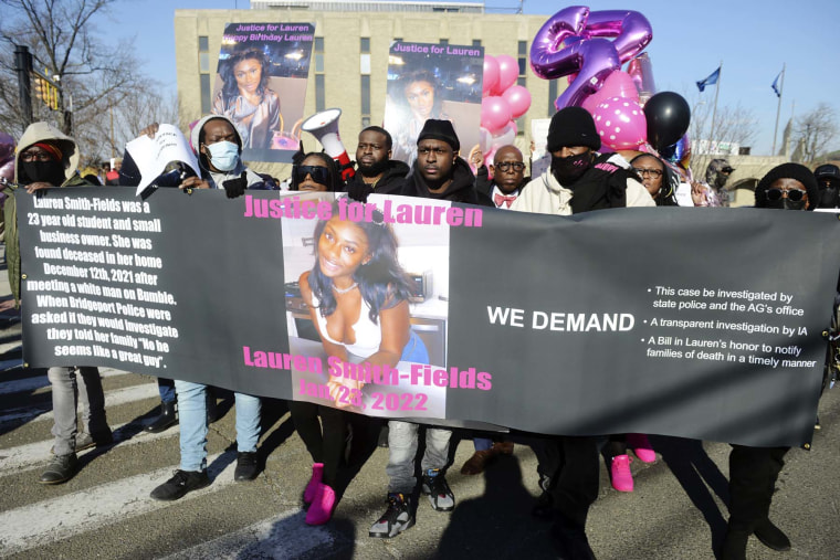 Family and friends of Lauren Smith-Fields gathered for a protest march in her memory in Bridgeport, Conn., on Jan. 23, 2022.