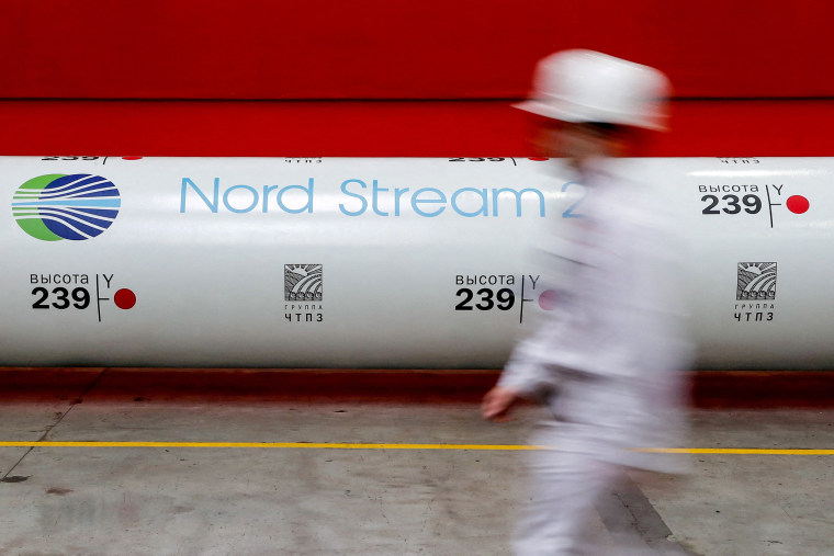 Image: FILE PHOTO: The logo of the Nord Stream 2 gas pipeline project is seen on a pipe at the Chelyabinsk pipe rolling plant in Chelyabinsk, Russia