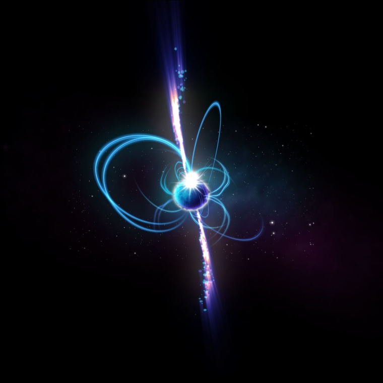 An artist’s impression of what the object might look like if it’s a magnetar. Magnetars are incredibly magnetic neutron stars, some of which sometimes produce radio emission. Known magnetars rotate every few seconds, but theoretically, “ultra-long period magnetars” could rotate much more slowly.
