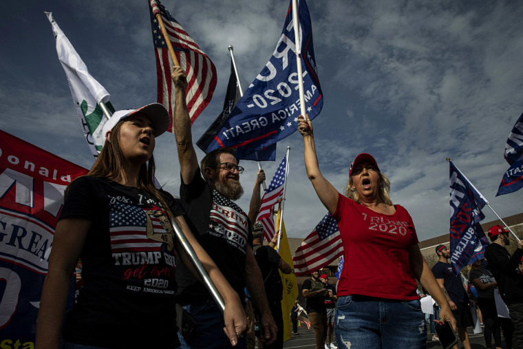 Image: Supporters of then-President Donald Trump gather outside of an office where election ballots are counted in Phoenix, Ariz., on Nov. 6, 2020.