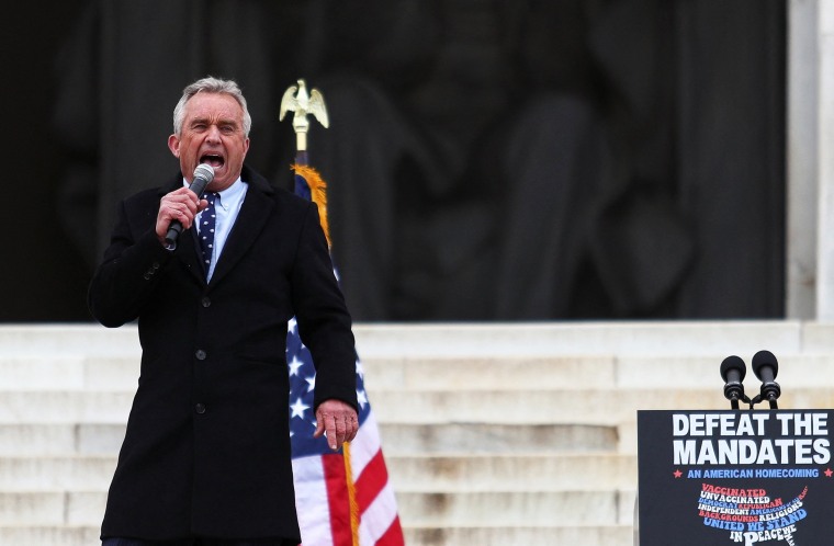 Robert F. Kennedy Jr. speaks during a rally following a march in opposition to Covid-19 vaccine mandates in Washington on Jan. 23, 2022.