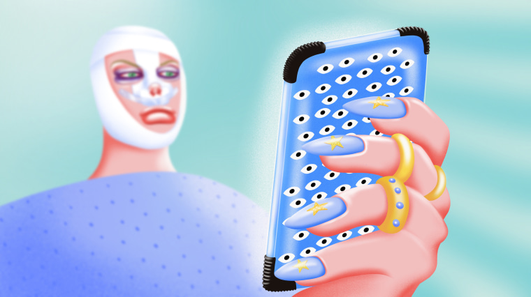 Illustration of a person with bandages on their face after cosmetic surgery procedures looking at their phone.