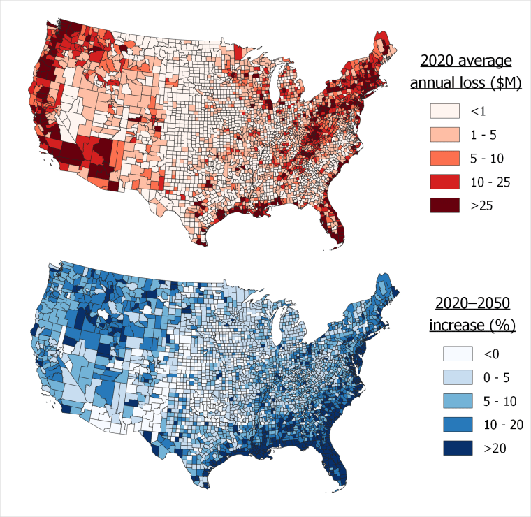 Maps showing the distribution of US flood risk (expressed as the annual average loss due to flooding) by county, and its projected change by 2050. 