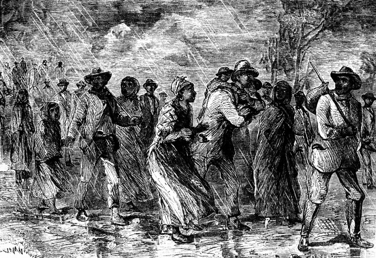 Engraving of slaves flee Maryland for Delaware by the Underground Railroad, c. 1850.