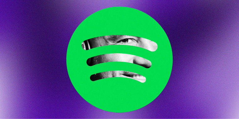 Photo Illustration: Joe Rogan looks out from behind the 
Spotify logo