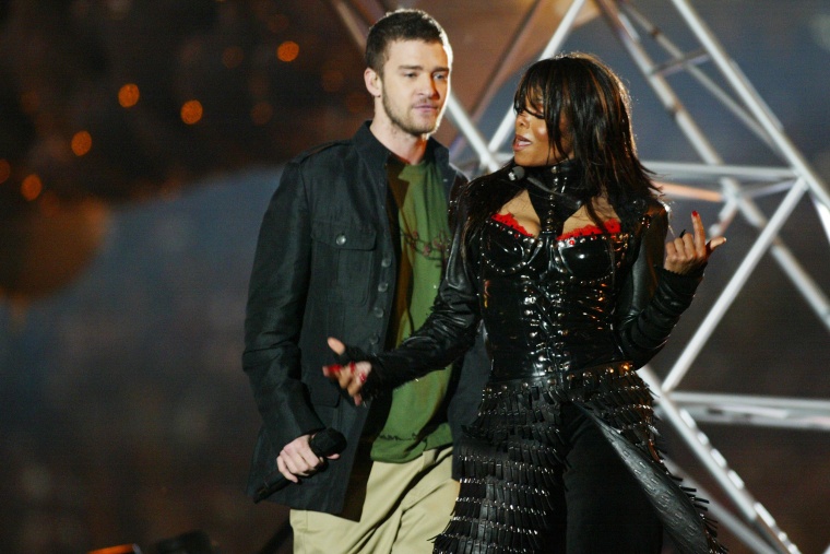Justin Timberlake and Janet Jackson perform during the halftime show at Super Bowl XXXVIII on Feb. 1, 2004.