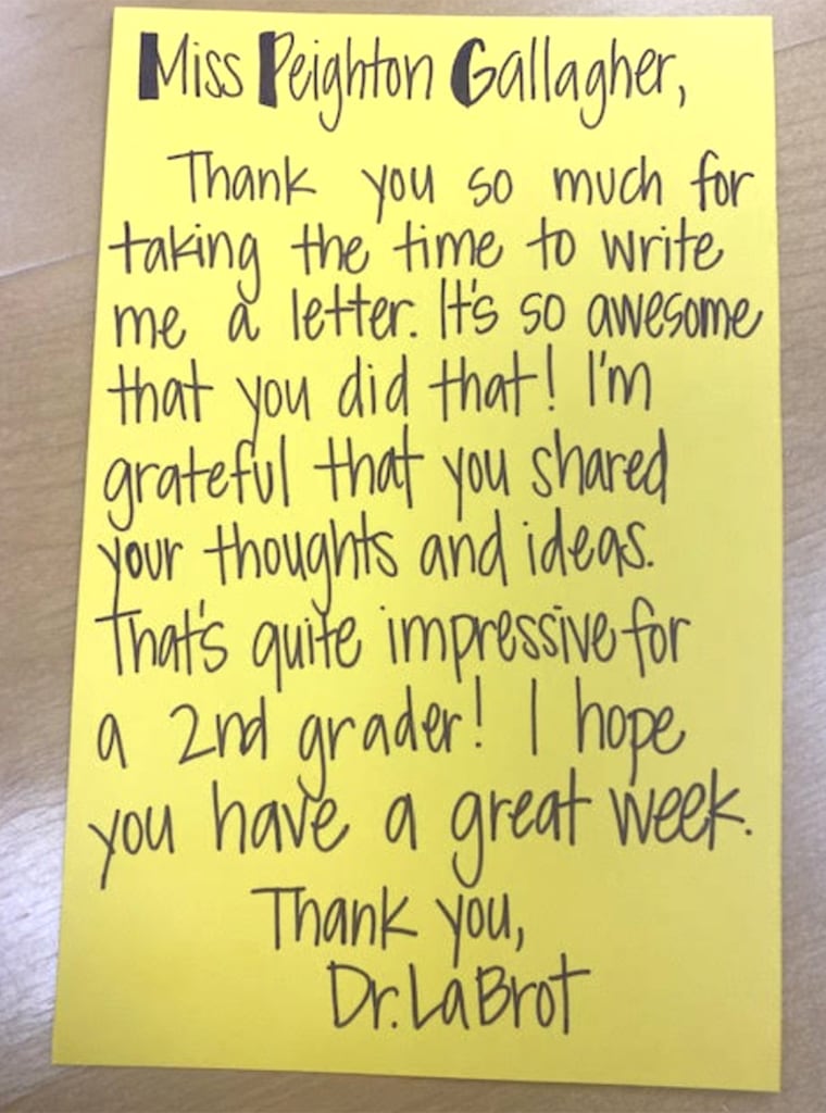 A note sent back to Peighton from a school administrator, thanking her for sharing her thoughts about school book bans.