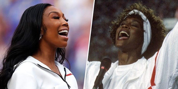 Brandy, left, at Sunday's NFC Championship game. Whitney Houston, right, at Super Bowl 25 in January 1991.