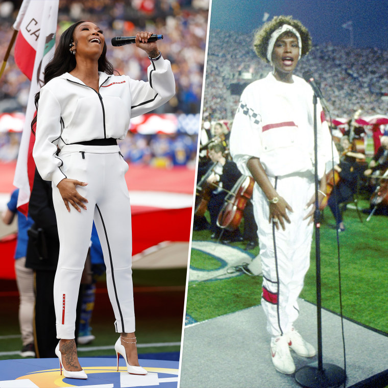 Brandy performed the national anthem before the NFC Championship game on Sunday in a white tracksuit that resembled Houston's outfit from Super Bowl 25.