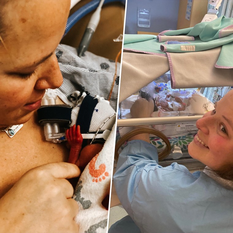 Jessica Huston, holding her daughter, Ember, in the NICU for the first time and saying "hello."