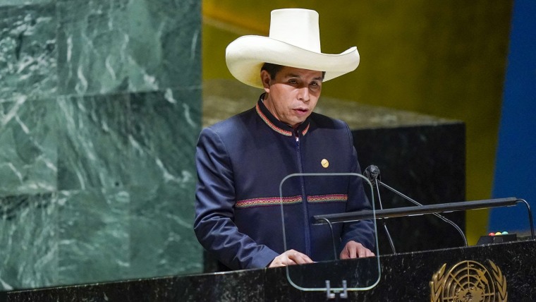 El presidente peruano Pedro Castillo, con vestimenta y sombrero tradicional tipo liqui liqui, habla frente a un micrófono en la sala de la Asamblea General de las Naciones Unidas.
