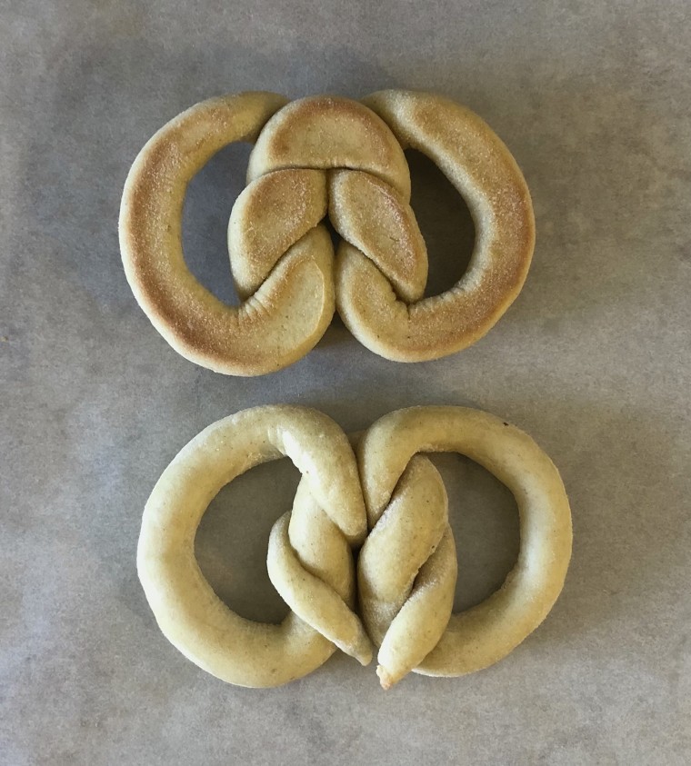 The top version of this knotted dough, most similar to the museum display, is actually the underside of the cookie.