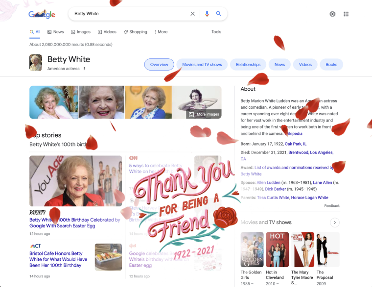 Google shows its love for Betty White on her 100th birthday.