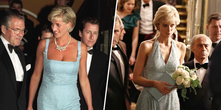 (Left) Diana, Princess Of Wales, attended "Swan Lake" at London's Royal Albert Hall in 1997.  (Right) Elizabeth Debicki channels Diana in a re-creation of that event.