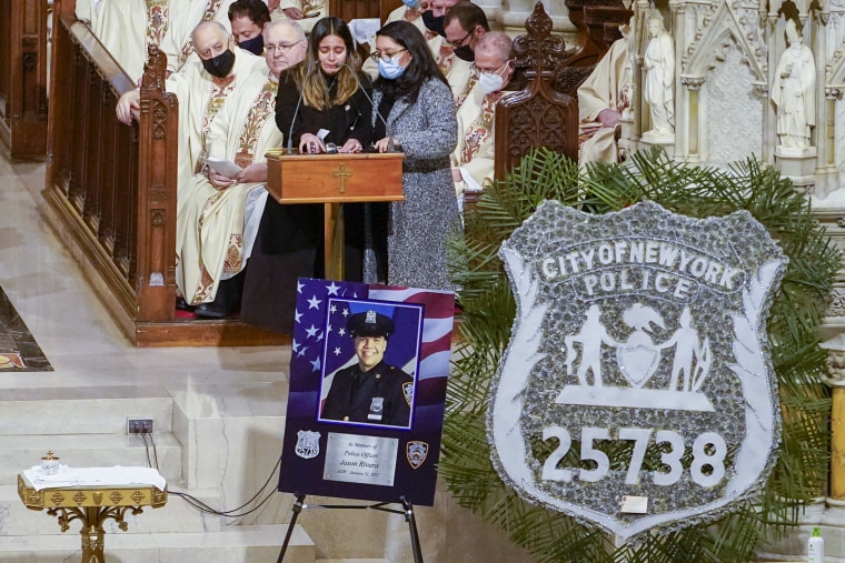 Dominique Rivera eulogizes her husband, New York City Police Officer Jason Rivera, during his funeral service at St. Patricks Cathedral on January 28, 2022 in New York, NY. Rivera and his partner, Officer Wilbert Mora, were fatally wounded when a gunman a