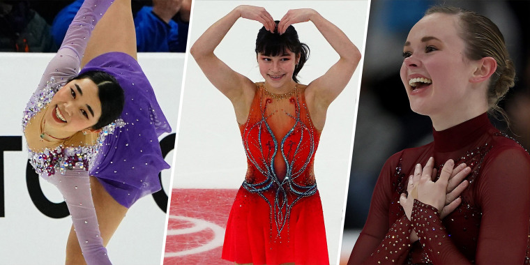 Karen Chen, Alysa Liu and Mariah Bell at the U.S. Figure Skating Championships this week. 