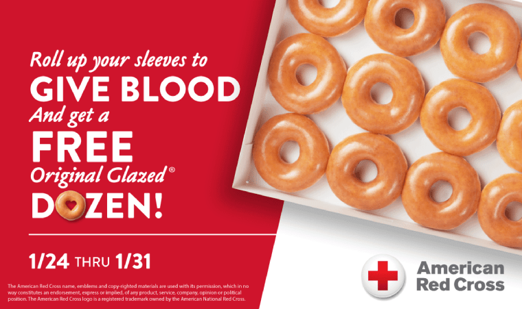 Krispy Kreme is giving blood donors a dozen free doughnuts to help combat a nationwide blood shortage.
