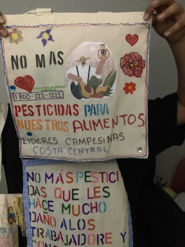 Un bolso dice: No más pesticidas" como parte de una campaña de Líderes Campesinas en California
