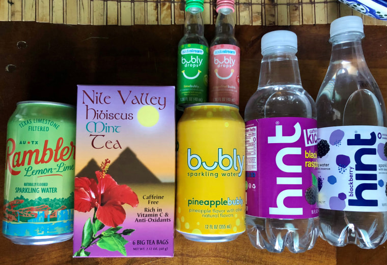 A few of my favorite unsweetened beverages and flavorings. The Hint Kick is caffeinated!