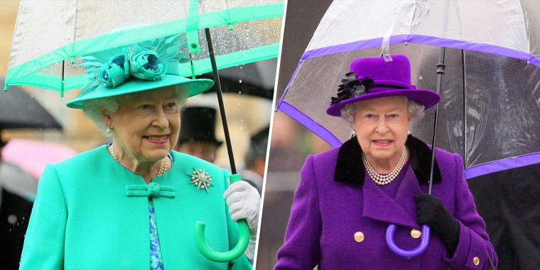 Two side by side images of the queen in colorful outerwear with coordinated hats and umbrellas.
