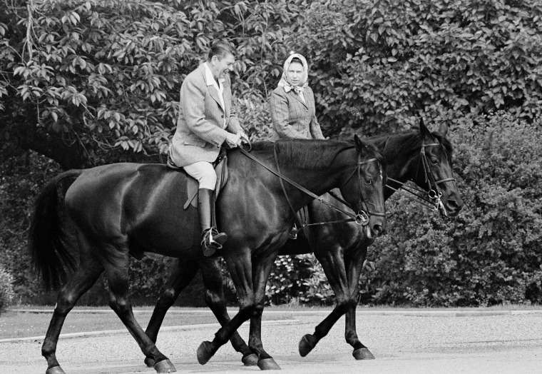 President Ronald Reagan and Queen Elizabeth II horseback riding in 1982