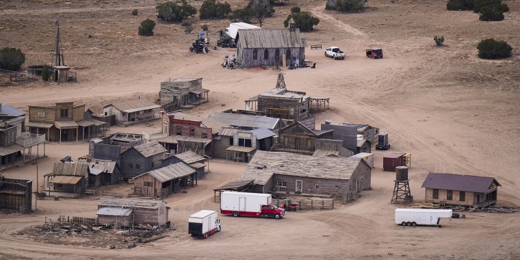 This aerial photo shows the Bonanza Creek Ranch in Santa Fe, N.M., on Oct. 23, 2021. A gun Baldwin was holding on set fired a live round, killing cinematographer Halyna Hutchins.