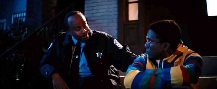 Carl Winslow (Kenan Thompson) comforts Steve Urkel (Chris Redd) after catching him in the midst of an assault.