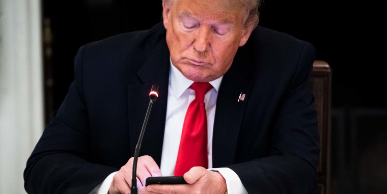 Former President Donald Trump works on his phone during a roundtable at the State Dining Room of the White House on June 18, 2020.