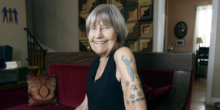 Gloria Weberg shows off a new tattoo that she added recently to celebrate her 100th birthday. The "NY NY 1922" design joins stars symbolizing her seven children as well as a goddess tattoo representing Mother Earth.