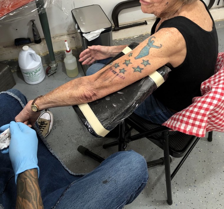 Weberg's left arm is now filled with tattoos. She's been adding one every decade since she turned 80.