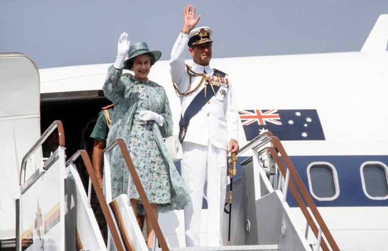 Queen Elizabeth II And Prince Philip arrive for an official tour of Papua New Guinea on Oct. 13, 1982.