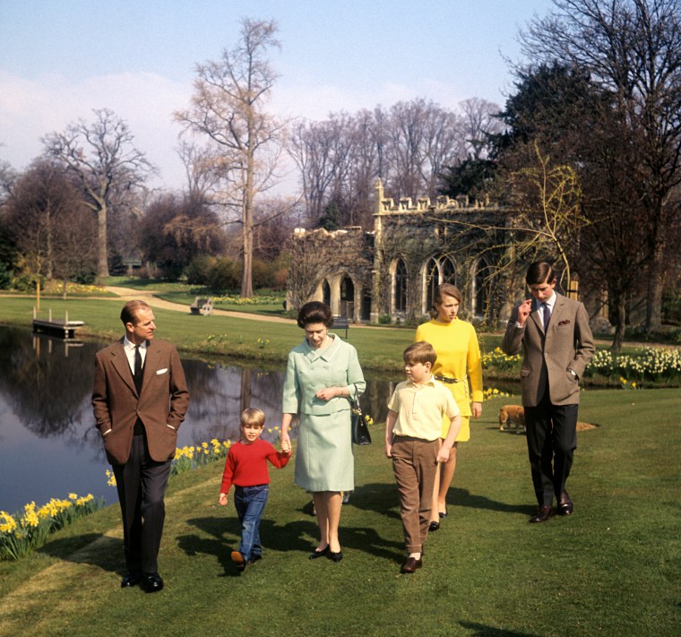 Prince Philip, The Duke of Edinburgh, Prince Edward, Earl of Wessex, Queen Elizabeth II, Prince Andrew, Duke of York, Anne, Princess Royal, and Charles, Prince of Wales at Frogmore Cottage during the filming of the documentary, "Royal Family," on April 21, 1968.