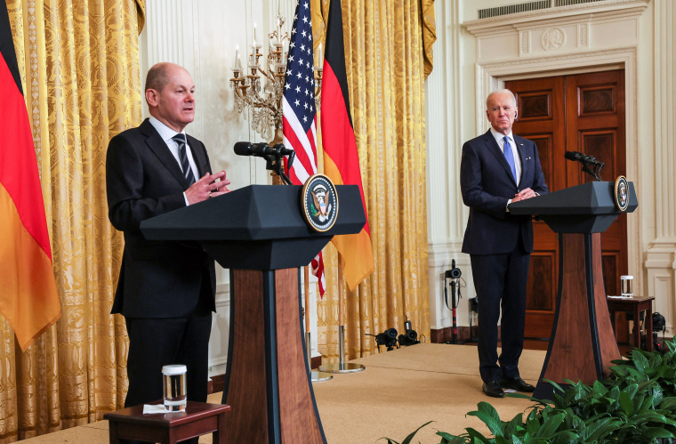 Image: President Joe Biden holds a joint news conference with German Chancellor Olaf Scholz at the White House on Feb. 7, 2022.