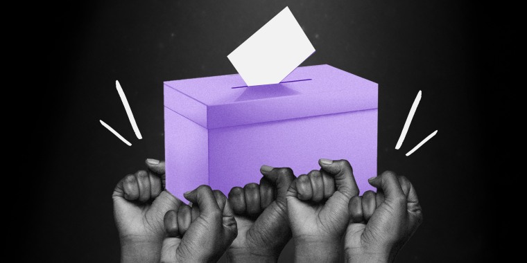 Photo illustration: Multiple hands hands raised with closed fists holding up a ballot box.