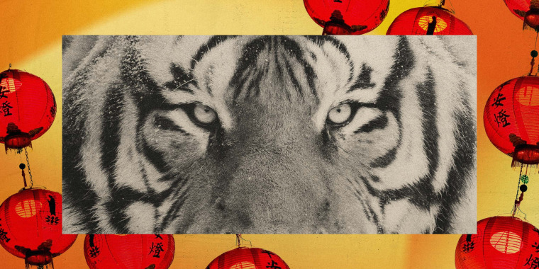 Photo illustration showing the eyes of a tiger with Chinese lanterns.